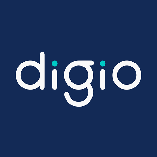 Logotipo do banco digital Digio com a escrita em branco e os pontos das letras "i" em ciano, sobre um fundo azul marinho.