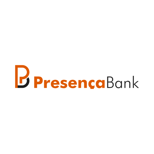 Logotipo do Presença Bank com um monograma laranja e preto ao lado do nome da instituição em fonte escura.