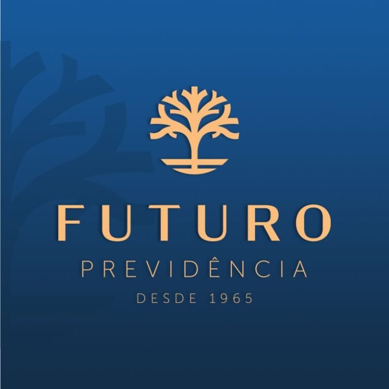 Logotipo da Futuro Previdência exibindo o ícone de uma árvore dourada sobre fundo azul, com a inscrição "Desde 1965".